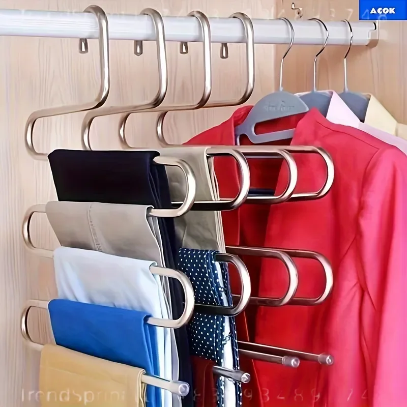 5‑Tier Stainless Steel S‑Shaped Pants Hanger Non‑Slip No‑Mark Multi‑Layer Closet Organizer Space‑Saving Storage Rack For Jeans Trousers Pants Wardrobe Use
