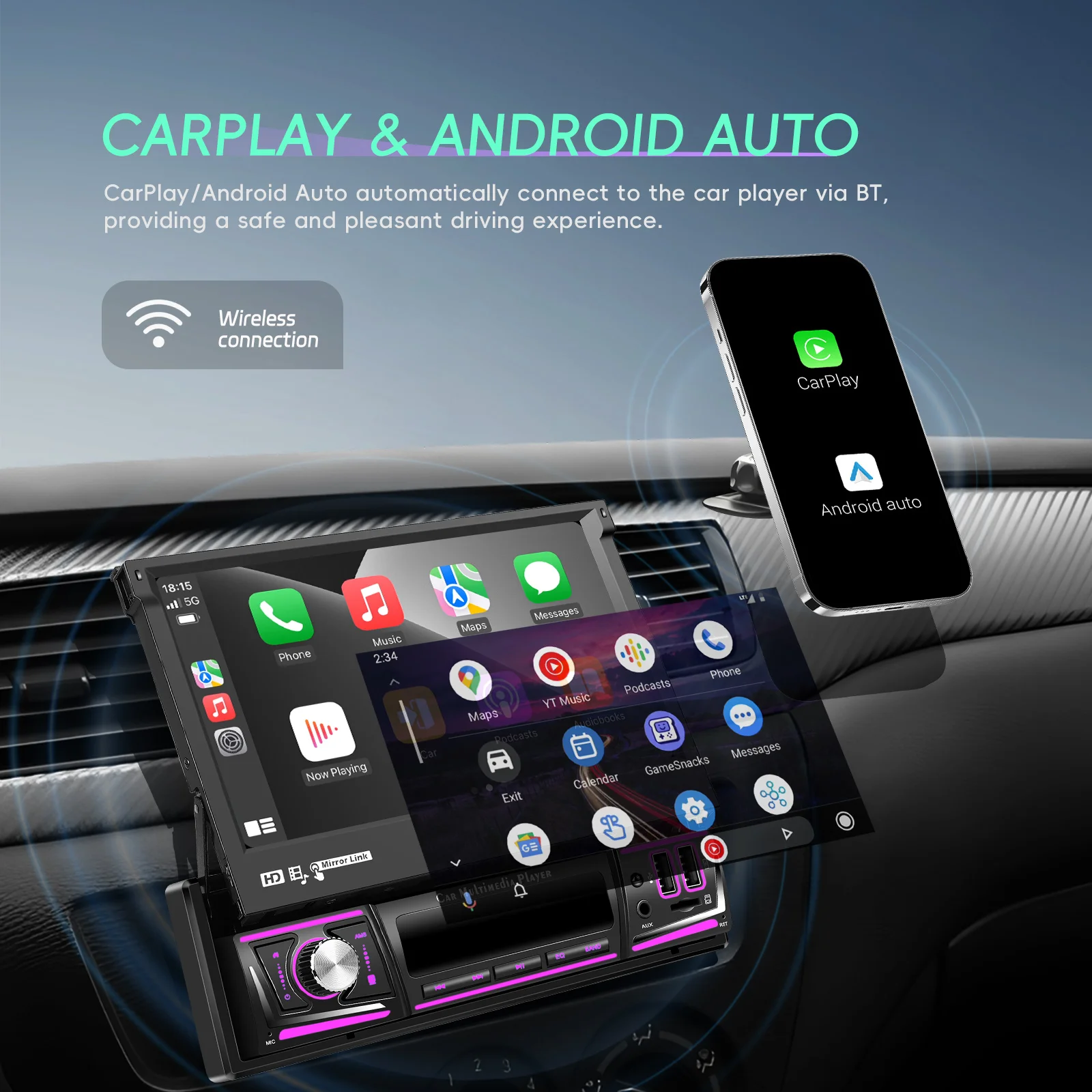 Podofo 7 ''1DIN IPS شاشة تعمل باللمس 4 + 64G Android15 Car Tereo Wireless Carplay GPS Navi Wifi FM RDS بلوتوث USB الوسائط المتعددة #3