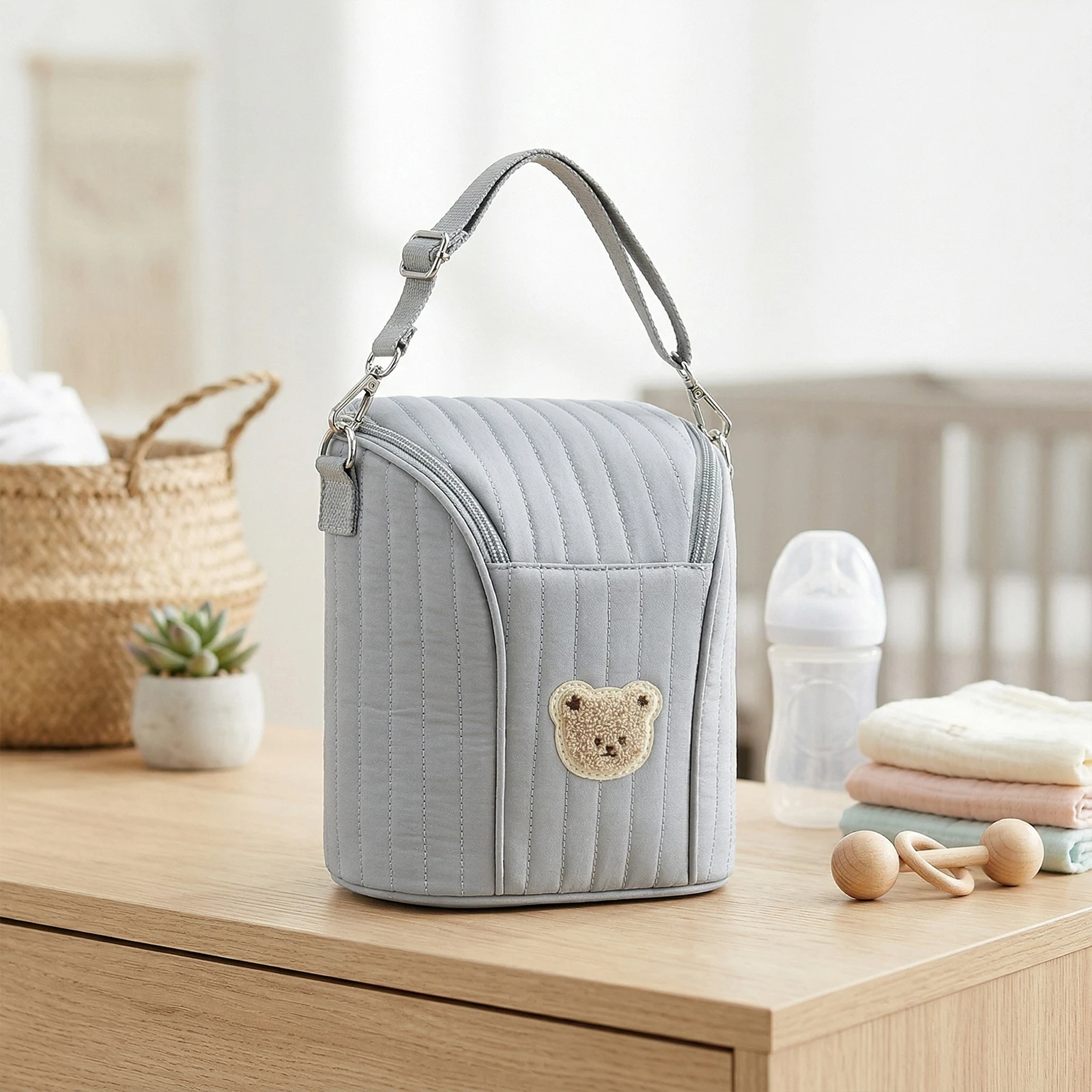 Cute Bear Insulated Baby Bottle Bag Reusable Small Diaper Bag Cotton with Removable Buckle for Milk/Breast Pump Travel Supplies
