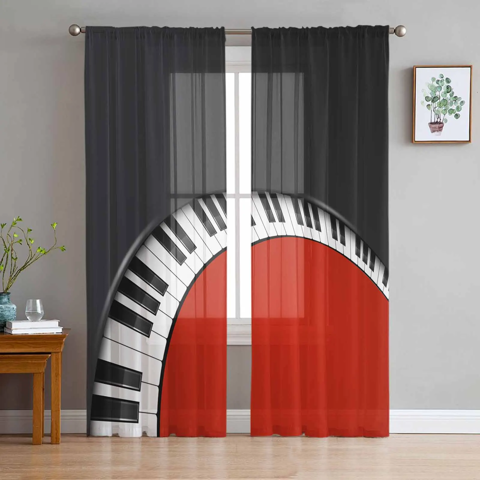 

Red And Black Piano Keys Voile Sheer Curtains Living Room Window Tulle Curtain Kitchen Bedroom Drapes Home Decor