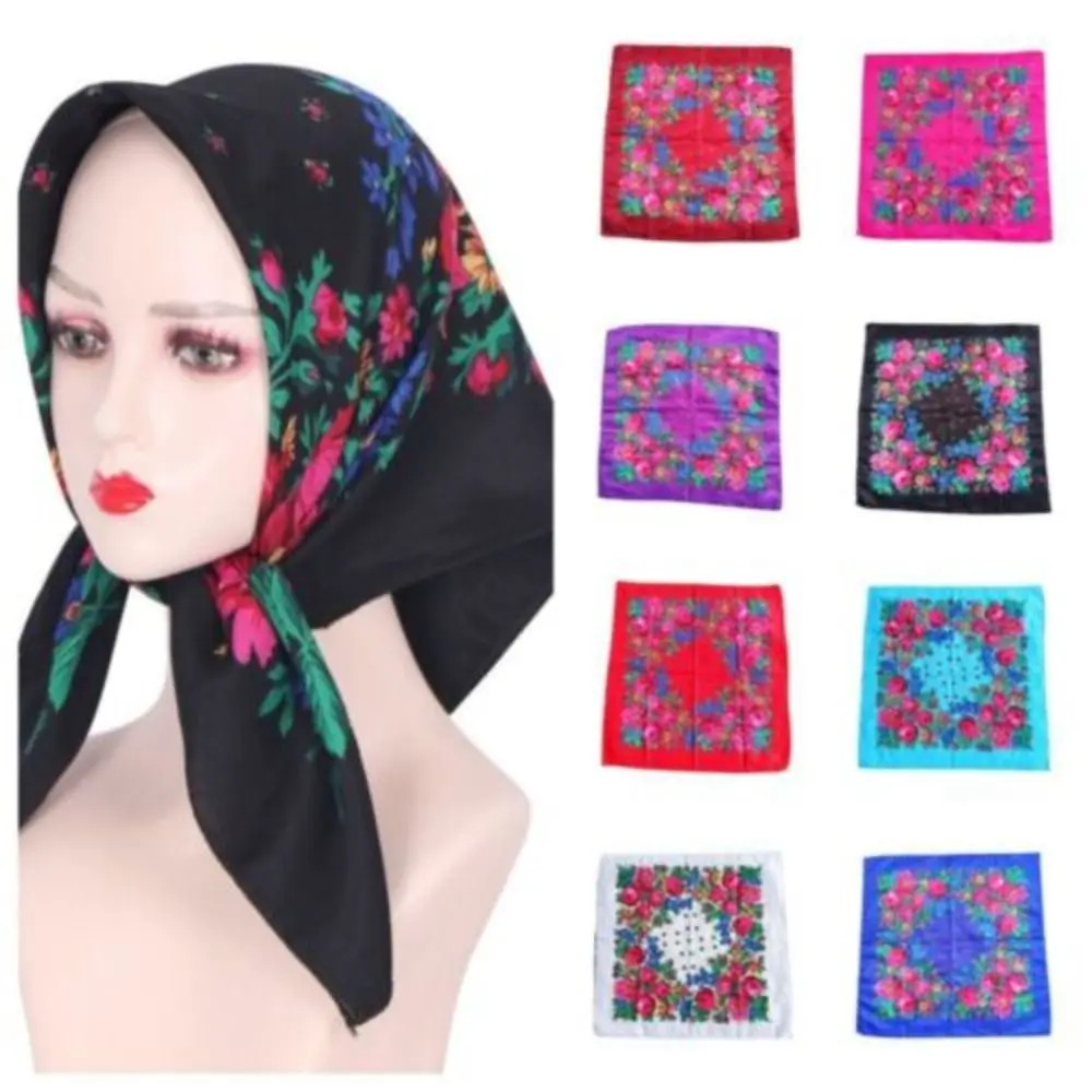 High Quality Polyester Rose Flower Print Head Scarf Sunscreen Square Twill Printed Scarf Shawl Ethnic Style Headwraps