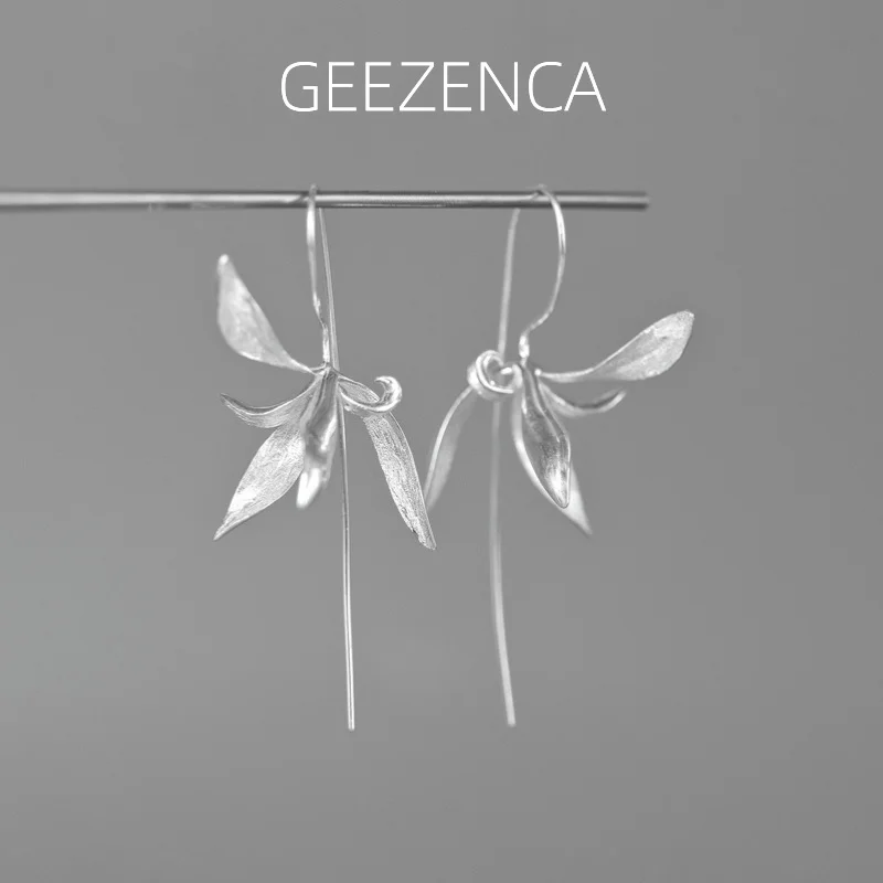 

GEEZENCA 925 Sterling Silver Orchid Flower Dangle Earrings For Women Lovely Elegant Chic Drop Earring 2024 New Party Gift