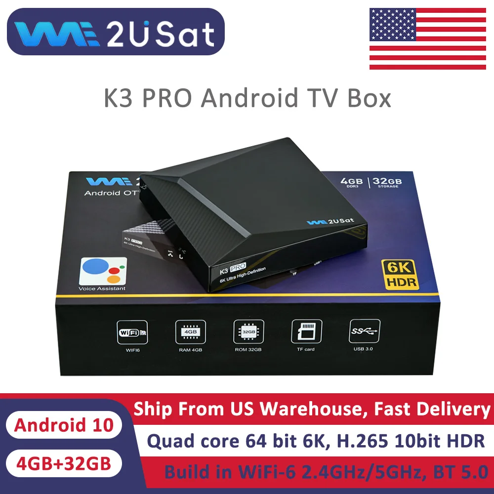 

Android 10.0 TV Box 6K HDR 4GB+32GB We2uSat K3 Pro Smart Set-top Box Build in WiFi-6 2.4GHz/5GHz BT 5.0 H.264/H.265 10bit for US