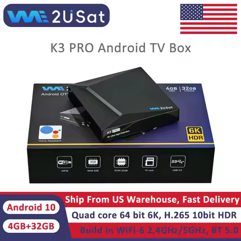 Android 10.0 TV Box 6K HDR 4GB+32GB We2uSat K3 Pro Smart Set-top Box Build in WiFi-6 2.4GHz/5GHz BT 5.0 H.264/H.265 10bit for US