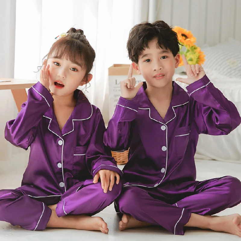 New Children Silk Satin Pyjamas Set Baby Sleepwear Pijama Solid color Pajamas Suit Boys Girls Sleep Set Autumn Kids Loungewear