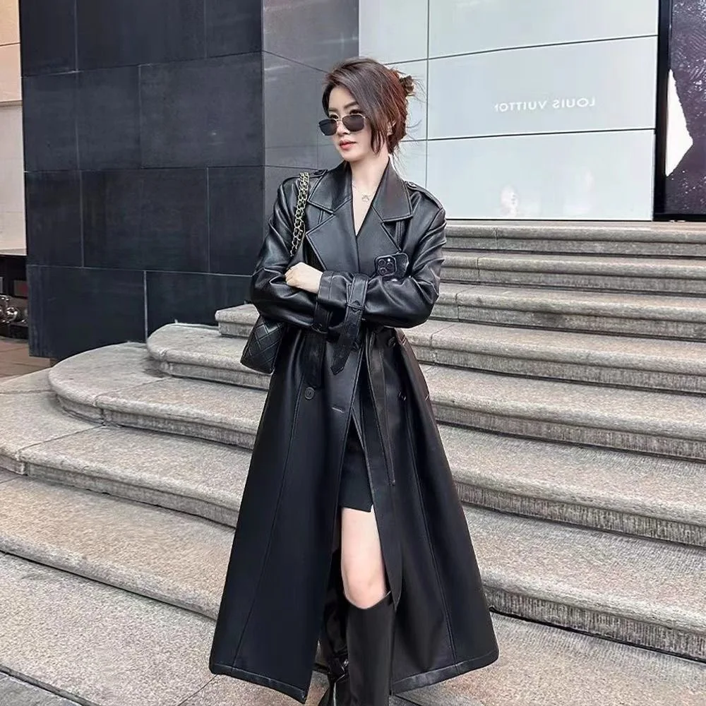 Autumn Black Waterproof Pu Leather Trench Coat for Women Long Sleeve Belt Double Breasted Autumn Designer Fashion
