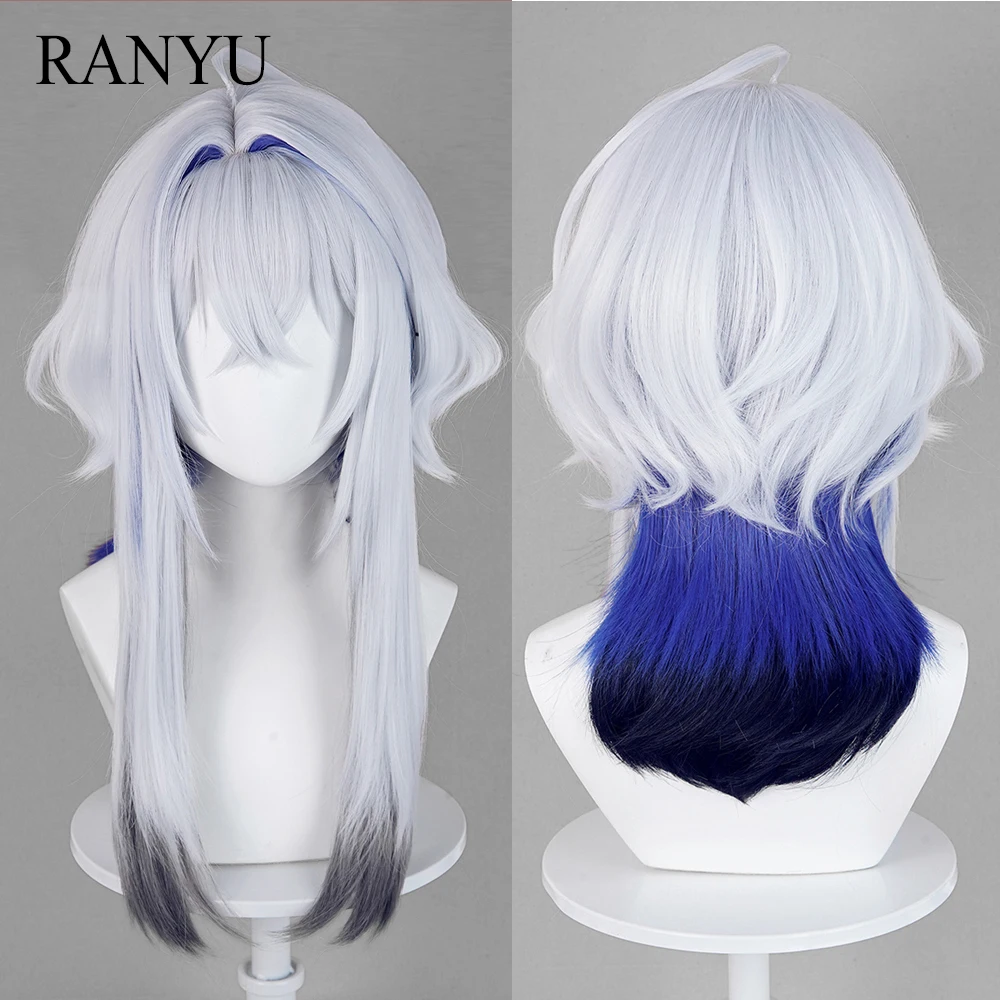 Grey Ombre Blue Synthetic Long Straight Wigs with Bangs Mullet Head Fluffy Anime Game Cosplay Fluffy Wig for Daily Party