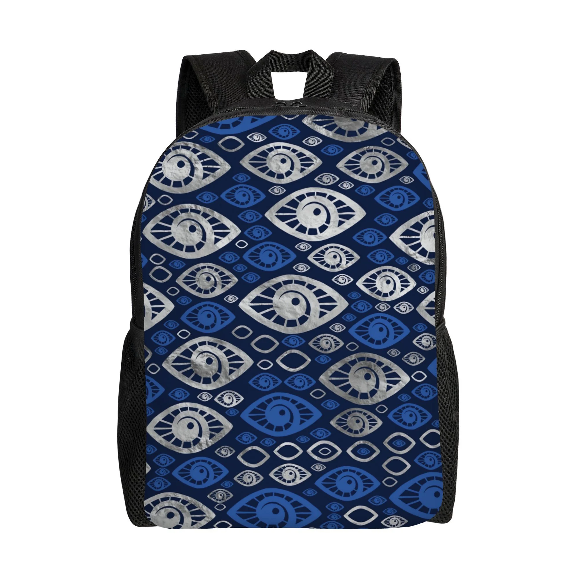 Mochila diária de camada única azul e prateada, com design de olho Grego Grego. # 1 - uma opção fácil para passeios de café e aulas