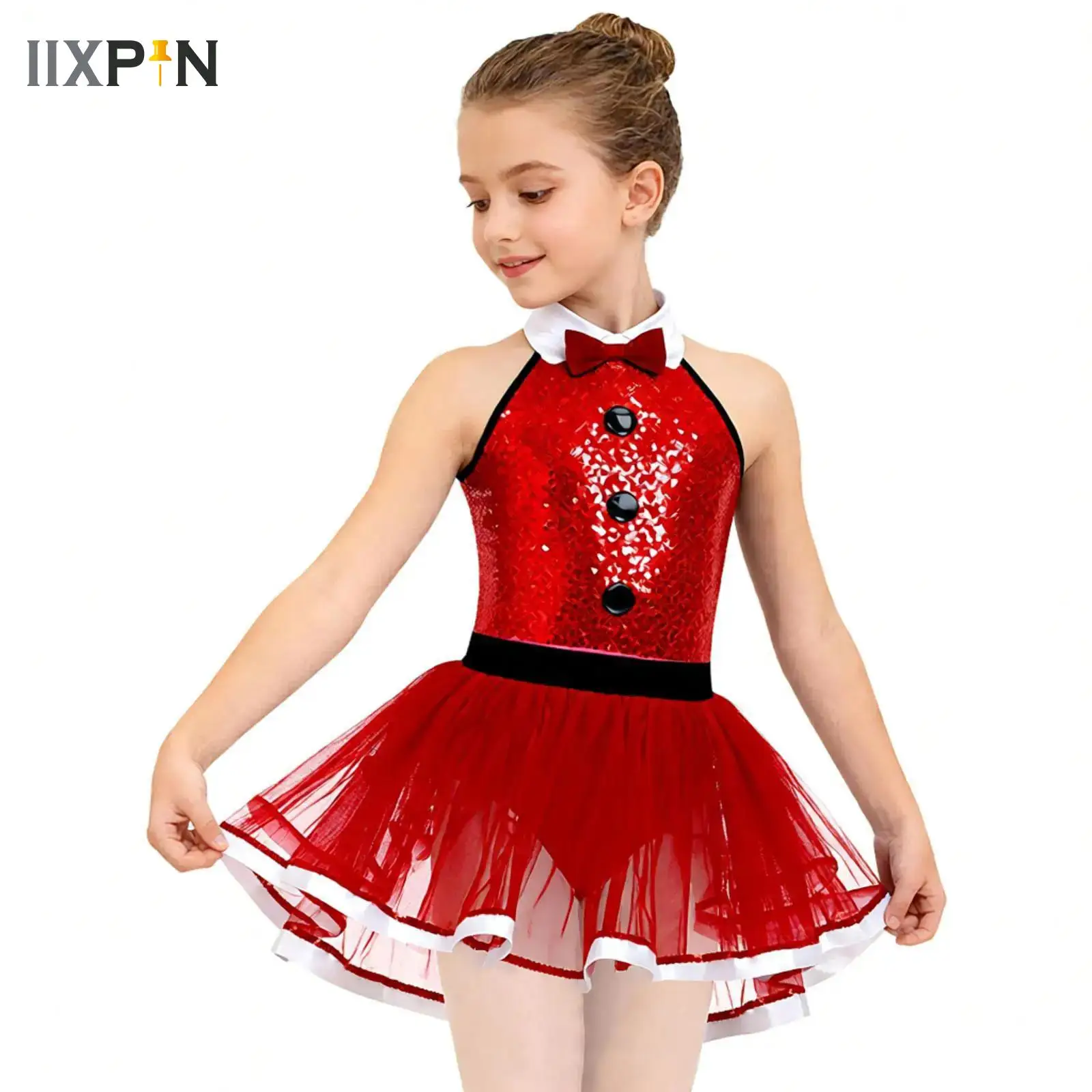 

Bowtie Tuxedo Ballet Tutu Dress for Kids Girls Ballerina Fairy Prom Party Costume Sequins Latin Jazz Modern Dancing Leotard Tutu