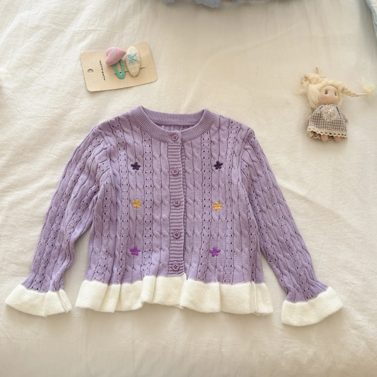 Autumn Baby Girls' Sweater Cardigan Floral Embroidered Hollow Out Round Neck Jacket Kids Purple Round Neck Knitted Coats