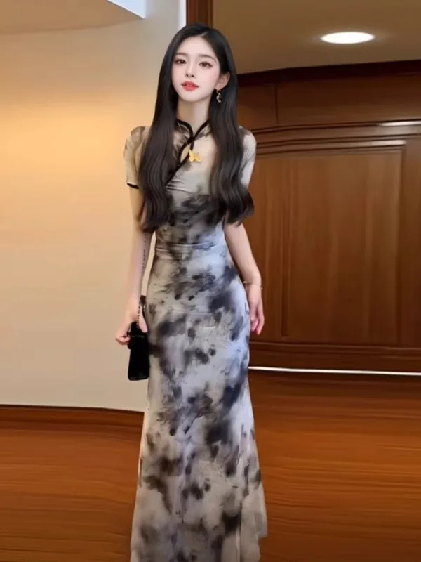 

New Chinese Style Water Ink Diffusion Improved Dress Slim Fit Bodycon Skirt Sexy Waist Cinching Summer Women's Dress