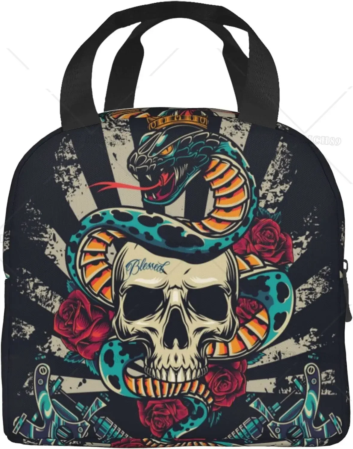 حقيبة غداء ملونة على شكل جمجمة ثعبان عتيقة للنساء/الرجال حقيبة ساندويتش للنزهة/العمل، صندوق غداء قابل لإعادة الاستخدام بسعة كبيرة