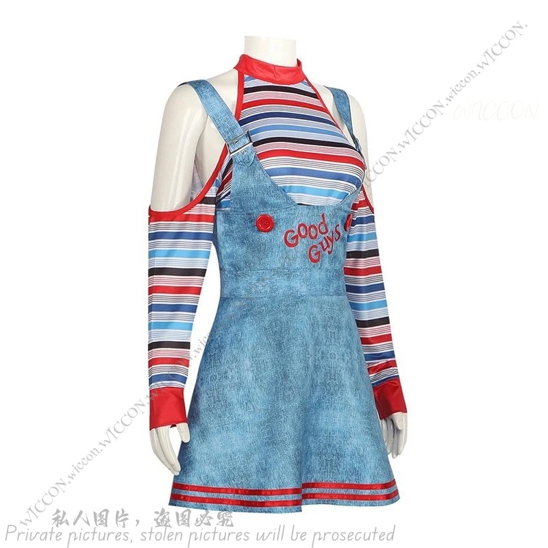 Chucky disfraz de Halloween para mujer, traje de personaje de película, disfraz de Chucky, conjunto de Halloween