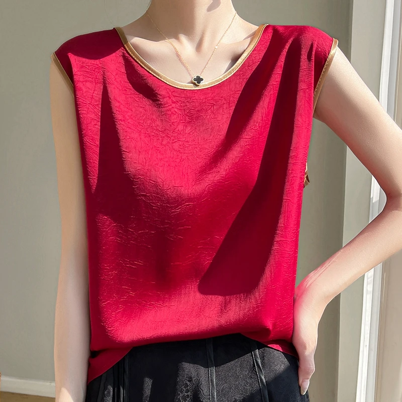 

Summer New Women's T-Shirts Casual Round Neck Silk Vest Ladies' Clothes Loose Satin Tees Fashion Solid Color Tops