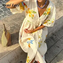 Fashion Pattern Printed V-neck Long Dress 2024 Summer Casaul Loose Bohe Party Dress Women Elegant Half Sleeve Button Maxi Dress
