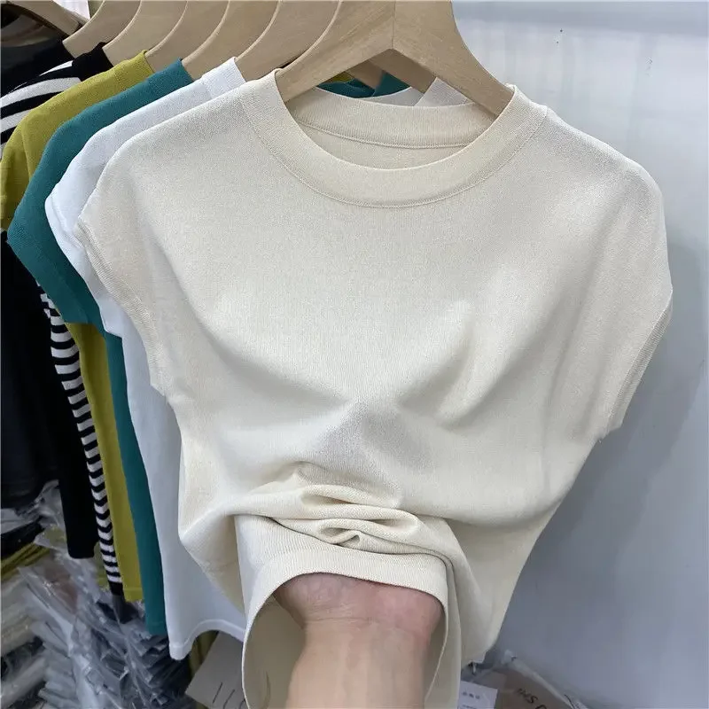 Woman Short Sleeve Slim Fit Summer Yellow Tshirt Girls Oversized T Shirt Office Wear OL Knitwear Knit Top Cotton T-shirt Ladies