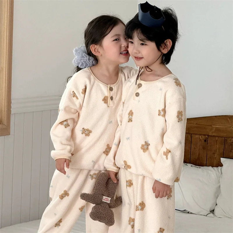 Winter Girls Fleece Sets Boys Fleece Suit Children's Thermal Pyjama Pants 2Pcs Autumn Kids Flannel Homewear Outfits Teen Clothes
