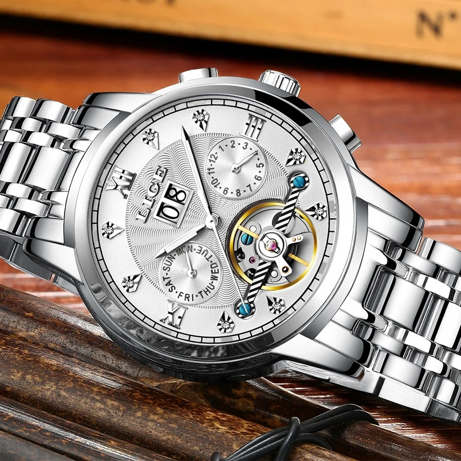 LIGE Brand Luxury Automatic Mechanical Watch Mens Watches Top Men Full Steel Business Waterproof Sport Watches Relogio Masculino