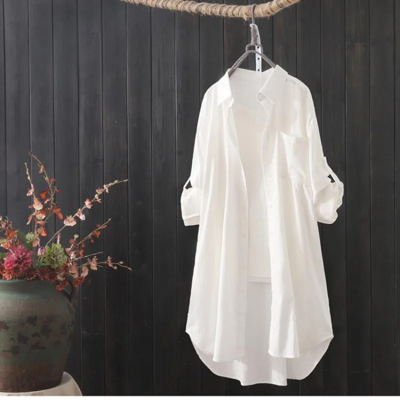 

White Shirt Women 2023 Spring Summer Korean Fashion Simple Solid Color Long Shirts Lady Loose Breathable Midi Shirt and Blouse