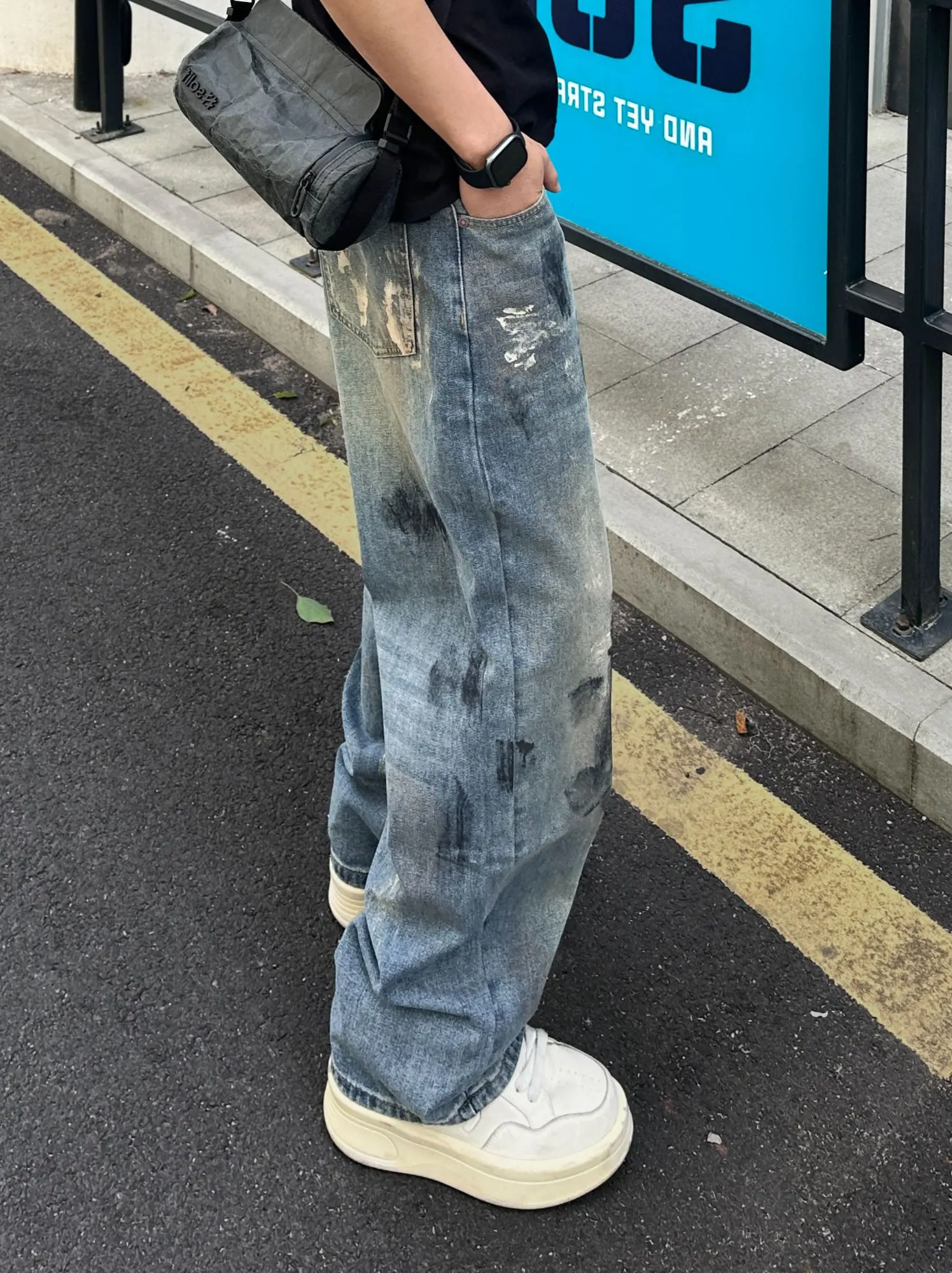 

Spring Summer Men's Wide Leg Tie Dye Jeans Casual Straight Leg Loose Fit Long Pants American Retro Sle Youth Active Sle