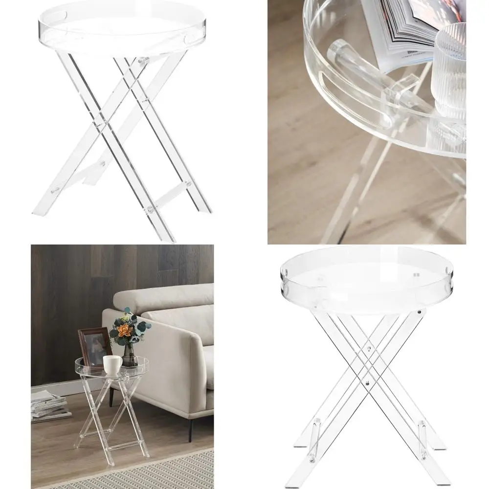 

Compact Acrylic Folding Table, Round Serving Tray, Ideal for Office and Living Spaces, 16x16 inches, 20 inches Tall