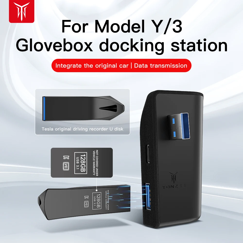 YZ Glove Box Docking Station For Tesla Model Y Model 3 Quick Charger 4 USB Shunt Hub Flocking Adapter Powered Splitter Extension