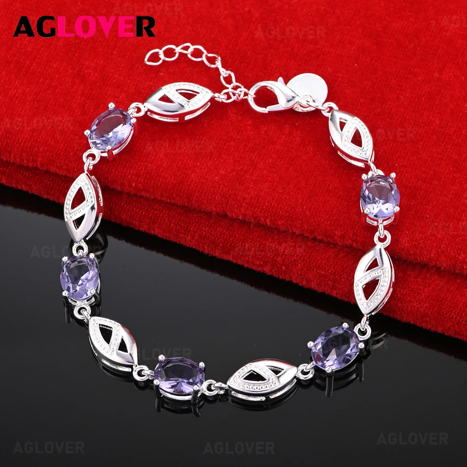 

AGLOVER 925 Sterling Silver Purple Zirconia Bracelet Women Charm Fashion Party Jewelry