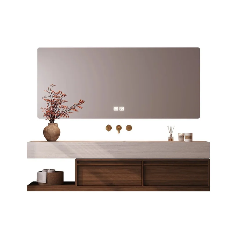 Solid Wood Vintage Vanity Sintered Stone Hot Bending One-Piece Basin Bathroom Cabinet Hand Wash Face Sink Furniture