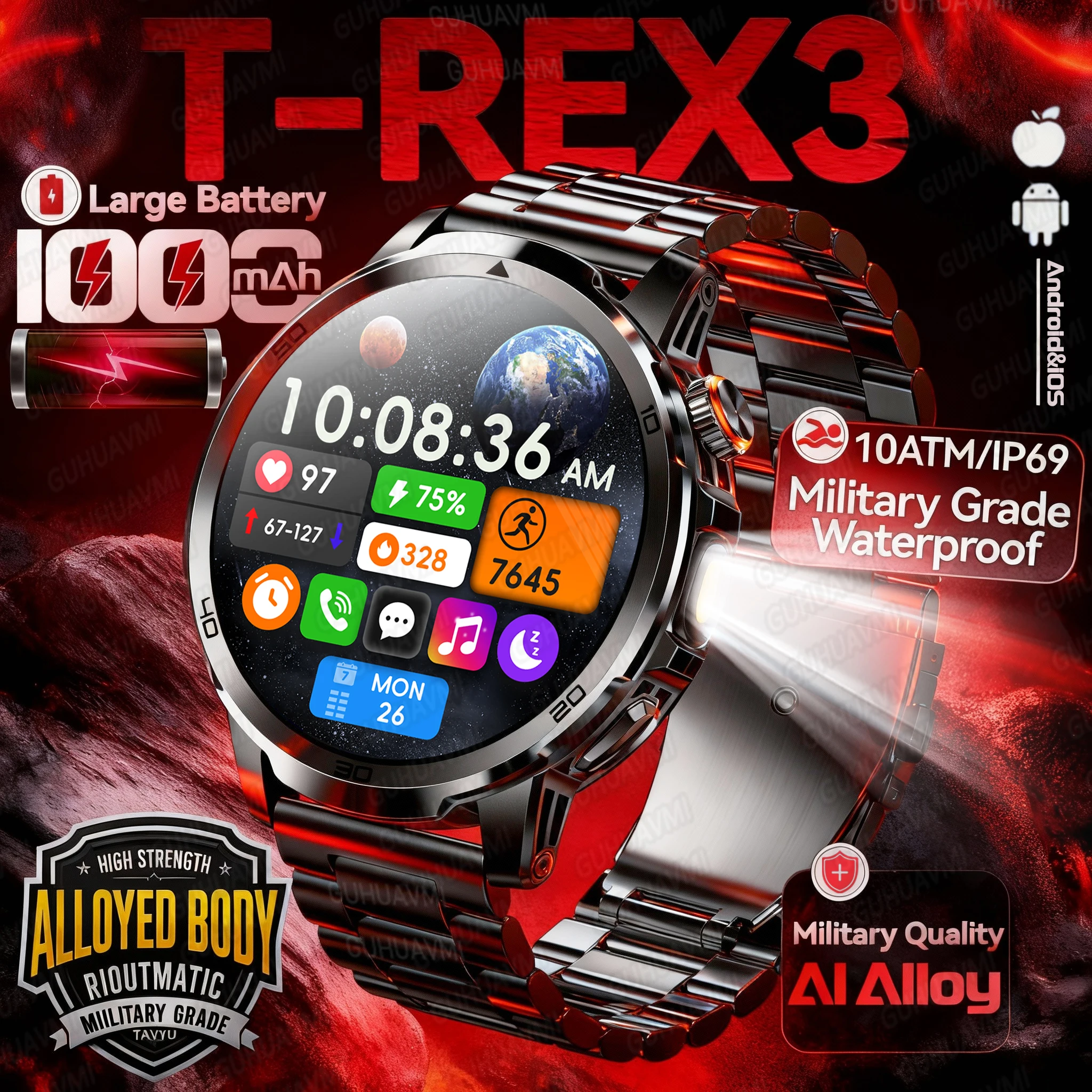 

2026 New T-Rex3 Military Grade 1000mAh Battery Smart Watch IP68 Waterproof GPS Bluetooth call AMOLED Men Sports Fitness Bracelet