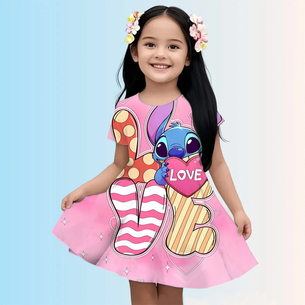 

Disney Summer Girls Cute Cartoon Stitch Printed Dress Fashion One-piece Dress Kids Daily Casual Short Sleeve Clothing
