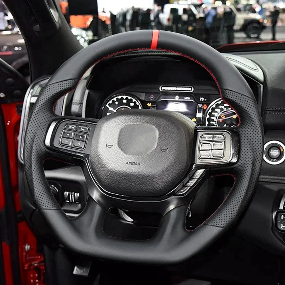 

Кожаный руль D-образной формы с плоским дном, перфорированной кожей и красной центральной линией для Dodge RAM 2500 2019-2024, автомобильные аксессуары