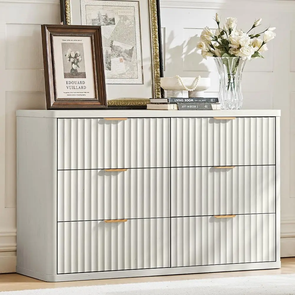 

Fluted 6 Drawers Dresser for Bedroom, 48 Wide Modern Chest of Drawers with Metal Handle, Natural Curved Profile Farmhouse Close