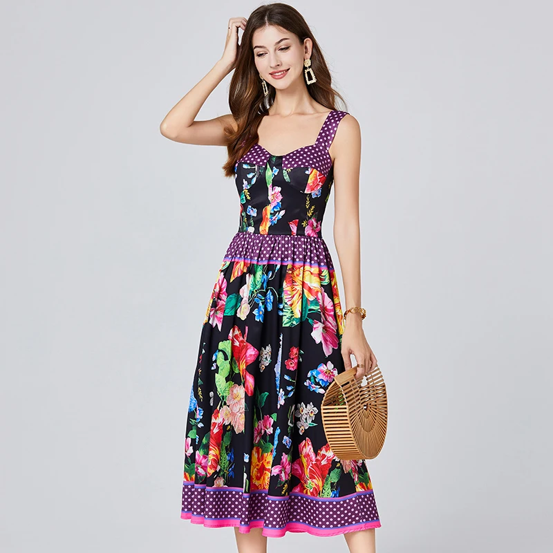 

Bra Padded Spaghetti Strap Dresses for Women 2024 Runway Designer Summer Floral Print Holiday Beach Dress Sleeveless Midi Party