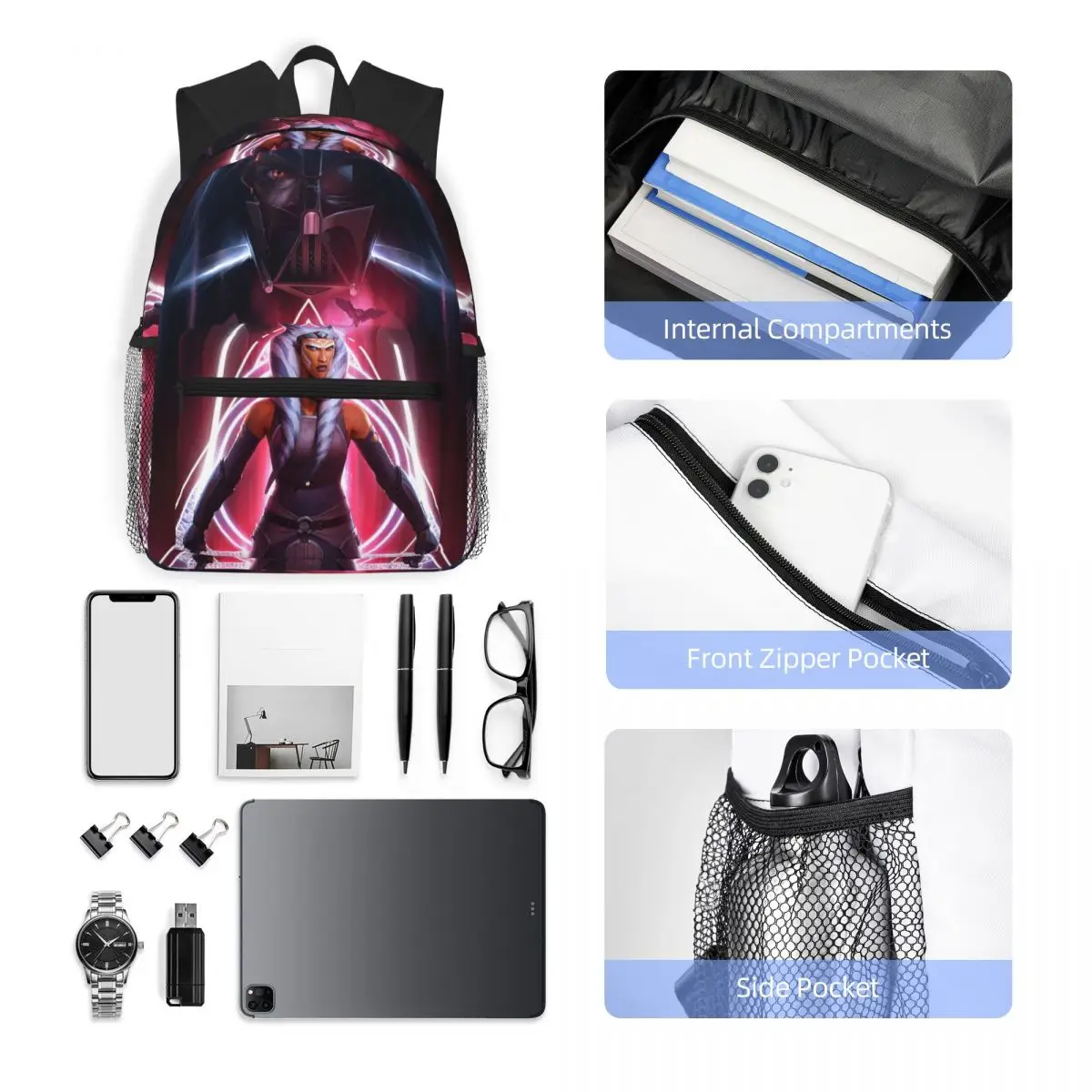 Fulcrum Ahsoka Tano الخيال العلمي الحروب القبلية حقيبة ظهر الطالب حقيبة مدرسية المشي لمسافات طويلة السفر Daypack للرجال النساء الكتب حقائب كتف #4
