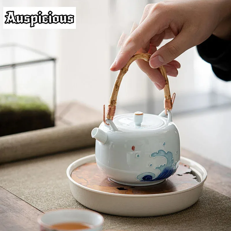 270ml Handmade Bamboo Handle Teapot Anaglyph Lotus Art Loop-handled Teapot Underglaze Color Kung Fu Tea Master Pots Teaware Gift