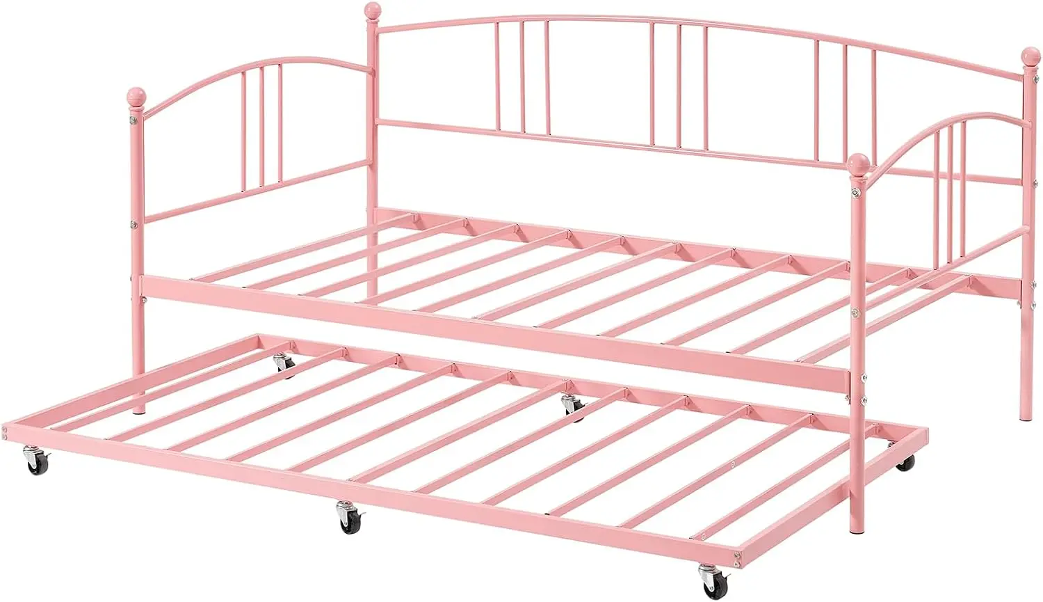 Twin Daybed with Pull-Out Trundle – Metal Sofa Bed Frame, 6 Smooth Casters, Reinforced Steel Slats, 350 lb Capacity, No Box Spring Needed, Fits 6–8