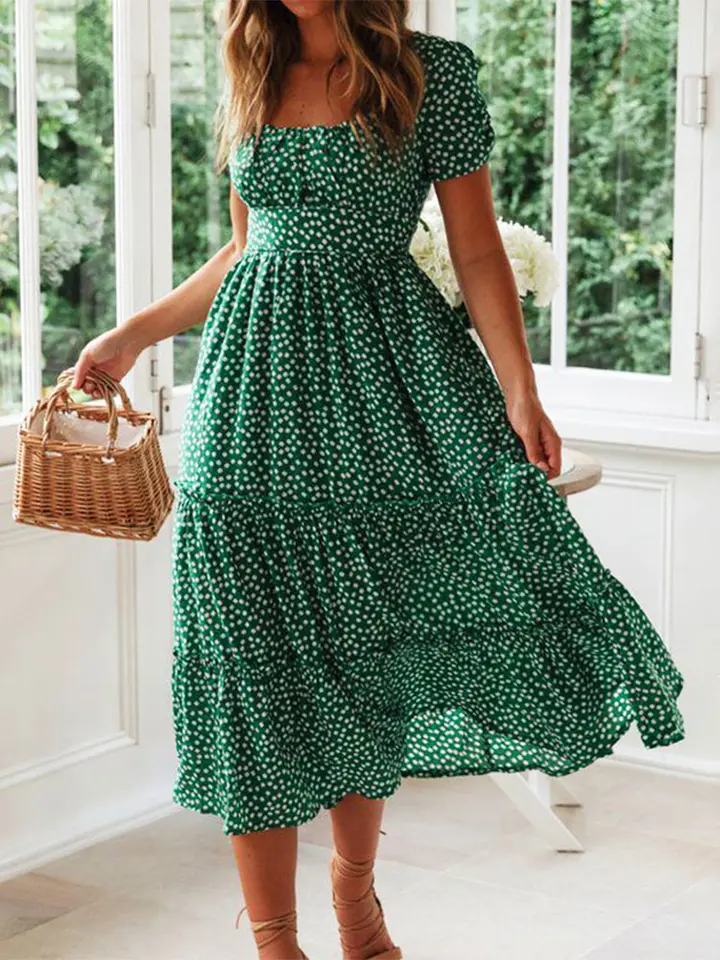 Vestido Vintage con Estampado Retro, Manga Abullonada, Casual de Verano para Playa, Escote Cuadrado, Floral, Largo Maxi para Fiesta