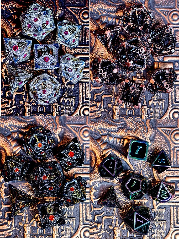 Set Dadu Logam DnD - 7 Buah Dadu Polihedral Paduan Seng dengan Angka Perak & Emas Cerah untuk Game RPG Ruang Bawah Tanah dan Naga