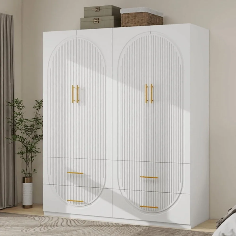 

74" H 4 Doors 4 Drawers White Wood Wardrobe Armoire Closet, Modern Freestanding Bedroom Bathroom Organizer Storage Cabinet with