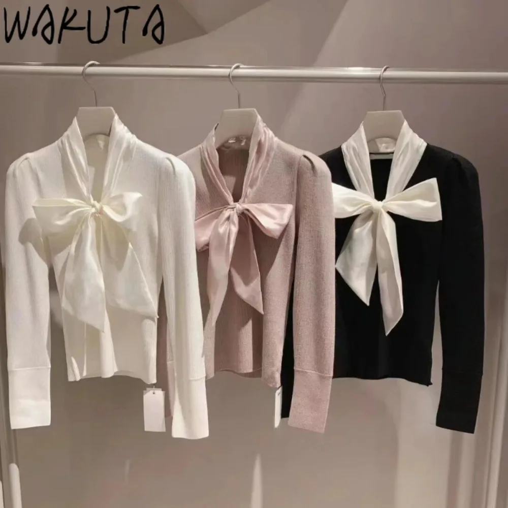 Wakuta-Suéteres de manga puff com gola, monocromáticos, patchwork, slim fit, sweet jumper, malha japonesa, pulôveres casuais elegantes