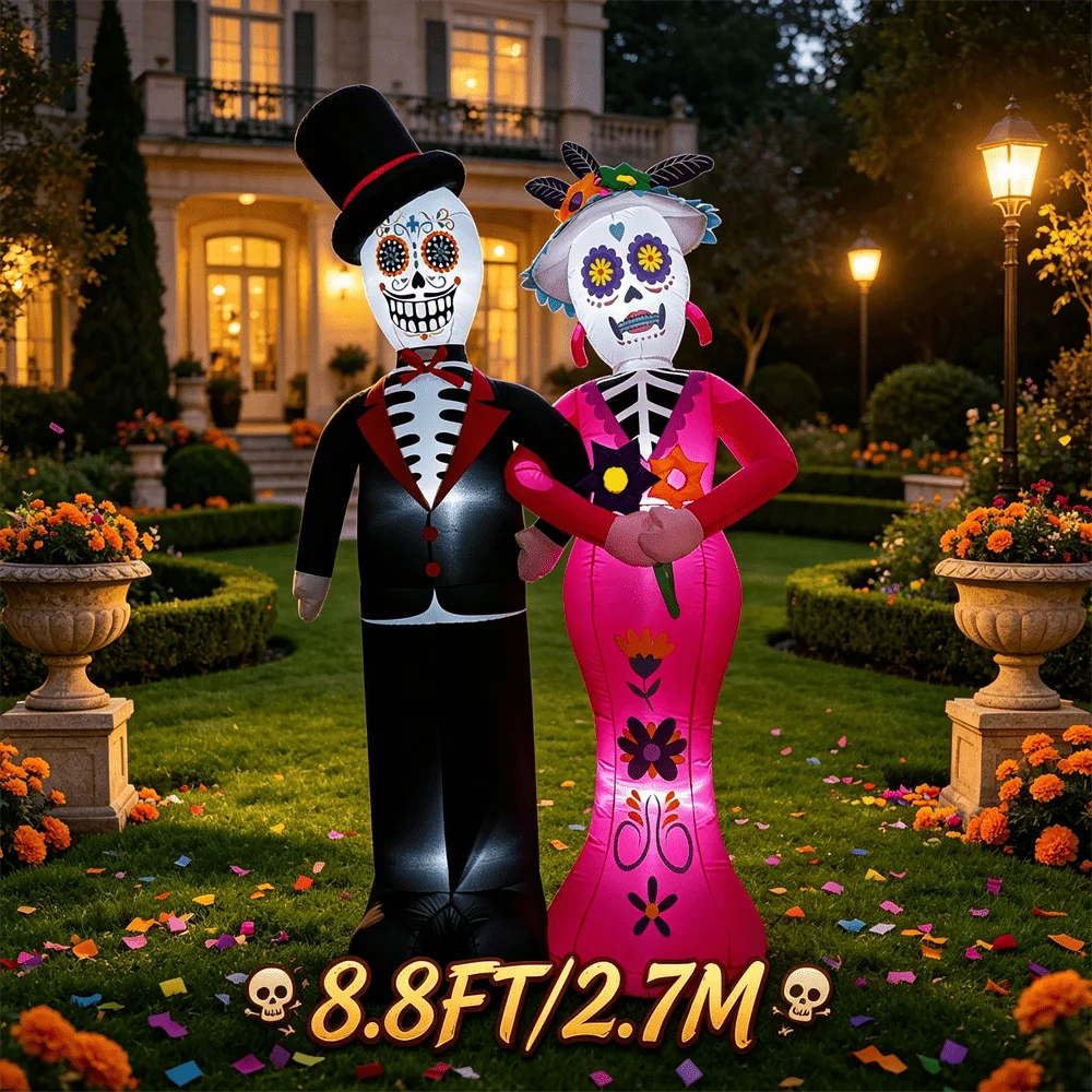 8.8FT Halloween Inflatable Toy with LED Light Up Skeleton Couple Inflatable Yard Outdoor Lawn Party Holiday Decoration