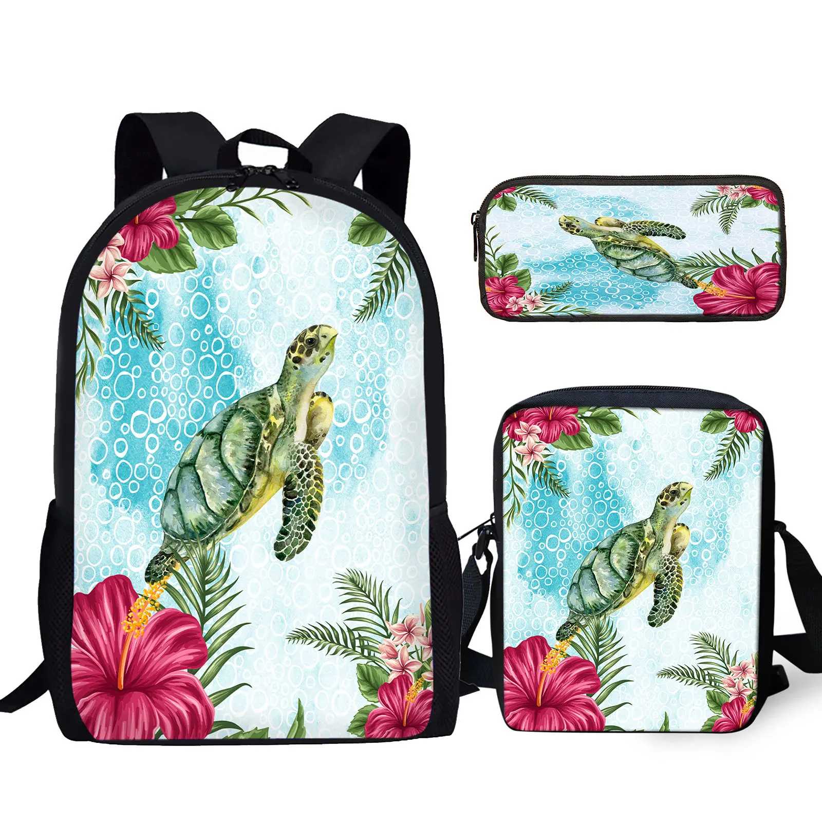 3Pcs Polynesian Sea Turtle Print Student School Bag Set Boys Girls Campus Casual Storage Backpack with Lunch Bag Pencil Bag