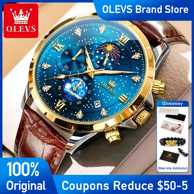 OLEVS Men's Watches Original Quartz Watch for Man Multifuncion Chronograph Waterproof Luminous Moon Phase Stainless steel brand