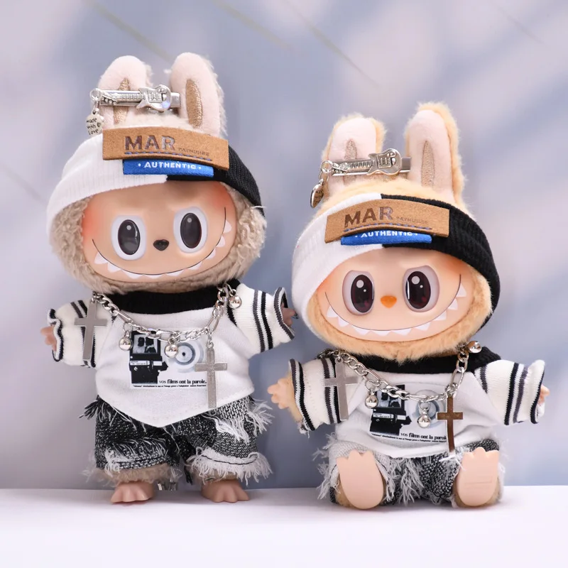 

Doll Clothes For Labubu Clothes 15-17cm Mini Plush Doll Rock Guitar 5PCS/Set T-shirt Jeans Hairband Hairpin Necklace Trend Suit