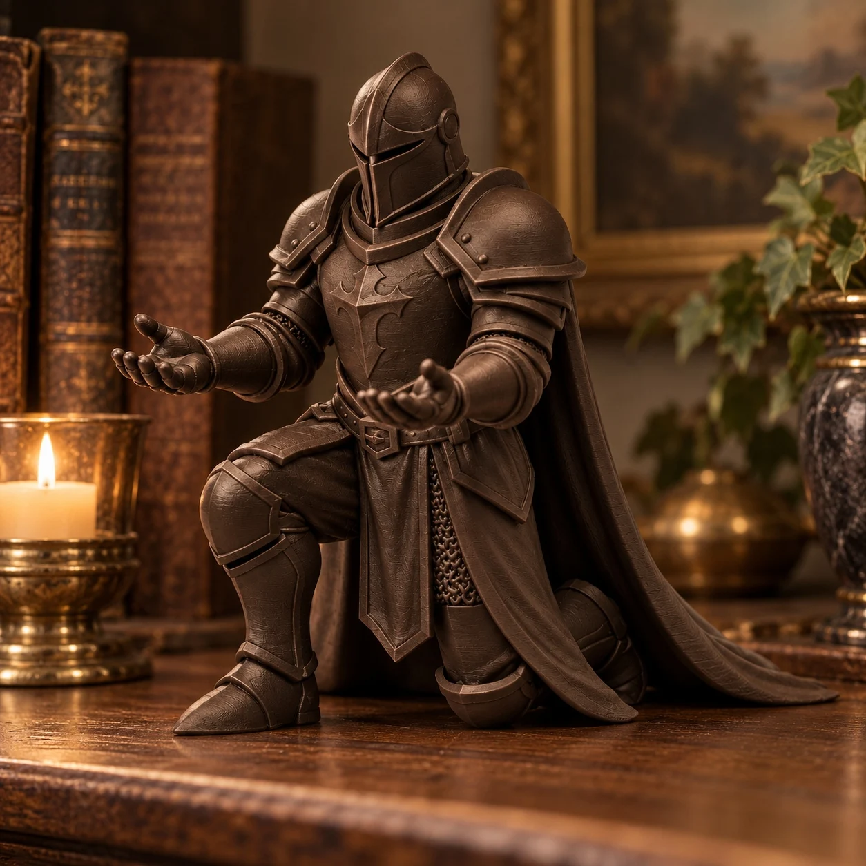 Medieval Kneeling Knight Figurine, Dark Fantasy Armor Warrior Statue, Gothic Desk Decor, 3D Printed Gift for Gamers