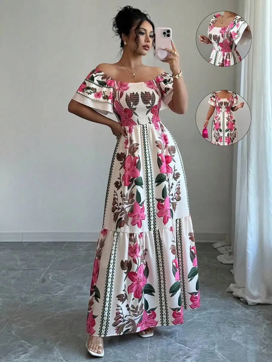 Women Pink Green Floral Print Off Shoulder Maxi Dress Boho Elegant Summer Vacation A-Line Ruffled Waist