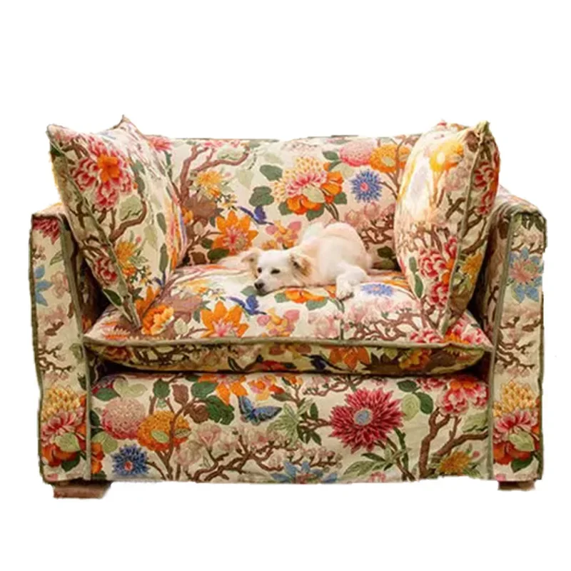 

American pastoral fabric sofa fully dismantled and washed single leisure living room straight sofa French retro sofa