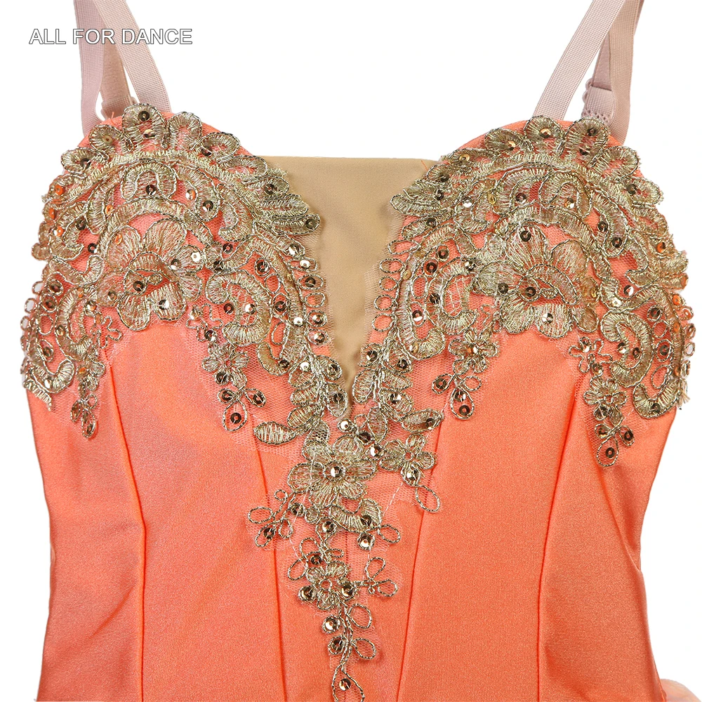 ชุดบัลเลต์สำหรับผู้ใหญ่หญิง 25030 สีส้มกำมะหยี่แต่งขอบทอง พร้อมกระโปรงบัลเลต์ทรงพอง สำหรับการแสดงบนเวที