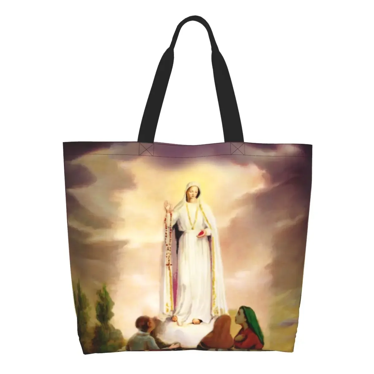 Reusable Our Lady Of Fatima Shopping Bag Shoulder Canvas Tote Bag Portable Catholic Christian Virgin Mary Grocery Shopper Bags