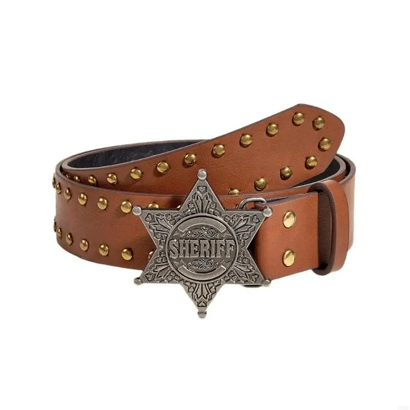 C9GE Fashion Leathers Belt Women Star Buckle Rivet Belts Western Cowgirl Waist Belt